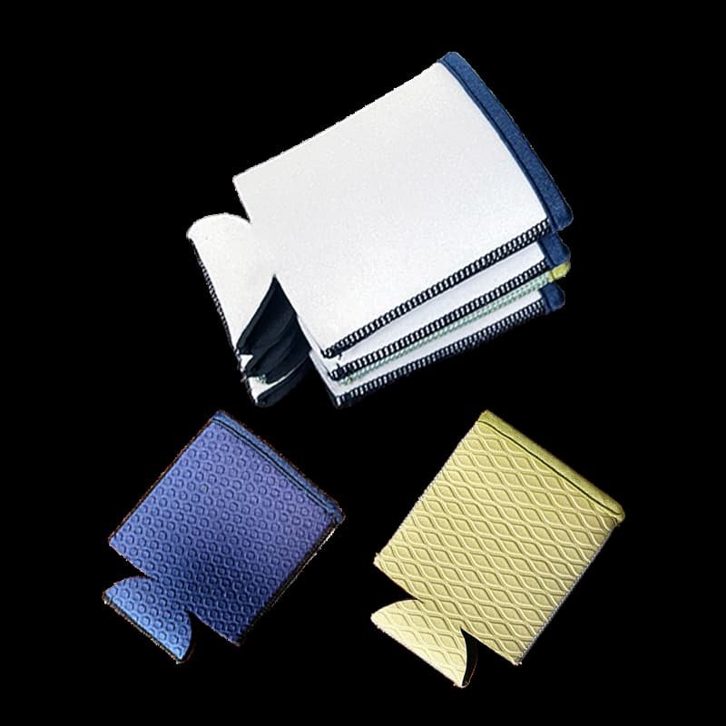 Wholesale blank sublimation can koozies with high-density white polyester faces and textured shark-skin anti-slip backing for DIY brands.