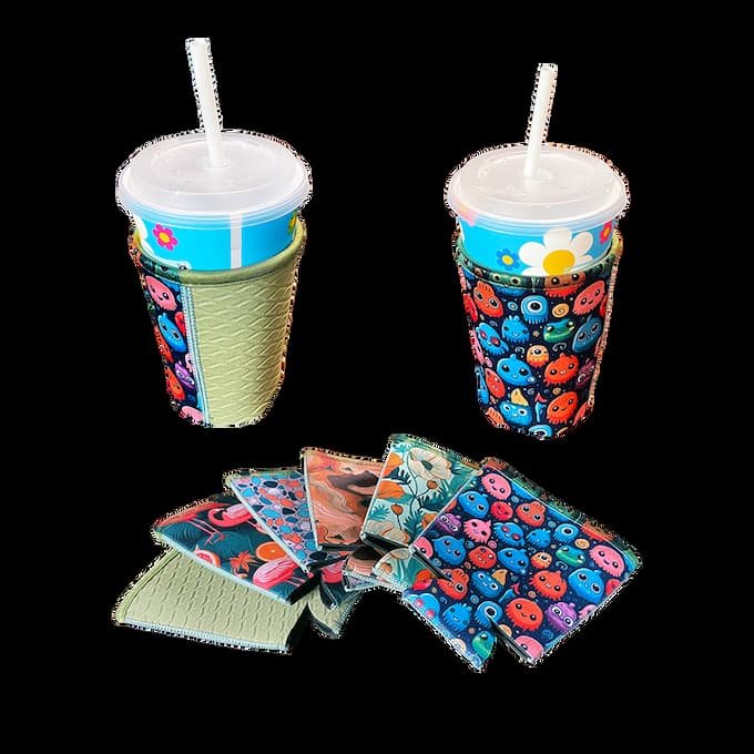 Custom printed neoprene iced coffee sleeves in various vibrant patterns, solving the #IcedCoffeeProblem with closed-cell SBR insulation.