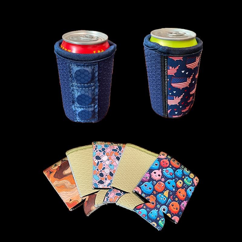 Professional custom printed magnetic can koozies with embedded N52 neodymium magnets, showing high-fidelity US flag and industrial patterns.