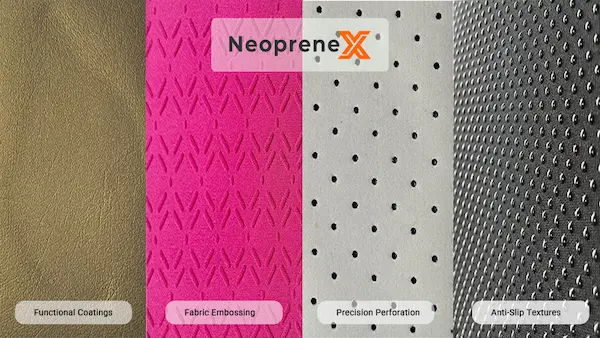 Technical comparison of neoprene surface finishing options including functional coatings, custom fabric embossing, medical-grade precision perforation, and high-grip anti-slip textures