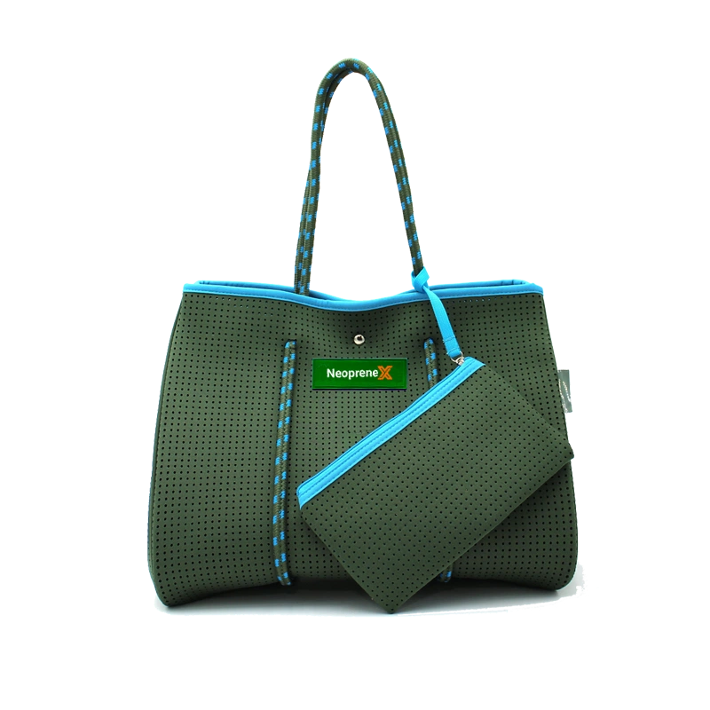 Stylish NeopreneX perforated neoprene tote bag in olive green for lifestyle use.