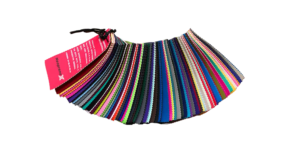 A colorful collection of neoprene fabric samples including Professional Nylon, Eco-Polyester, and Lycra in over 100 stock colors.