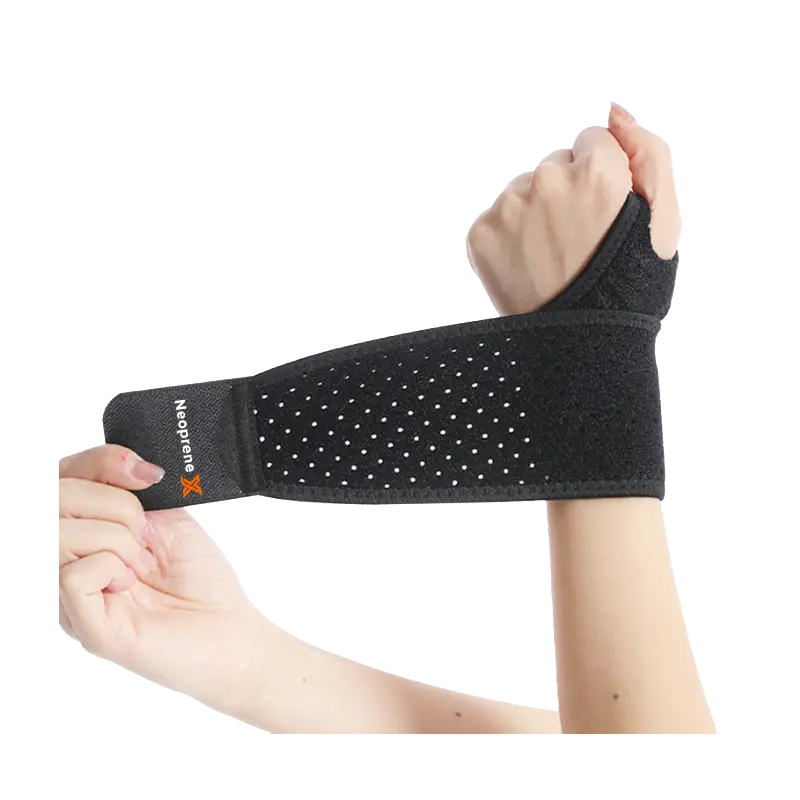 Black perforated neoprene wrist support with high-density air-flow patterns for moisture-wicking sports performance.