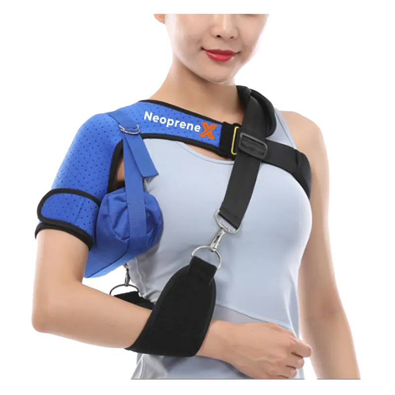 A professional blue perforated neoprene shoulder brace showing advanced air-flow patterns for medical rehabilitation.