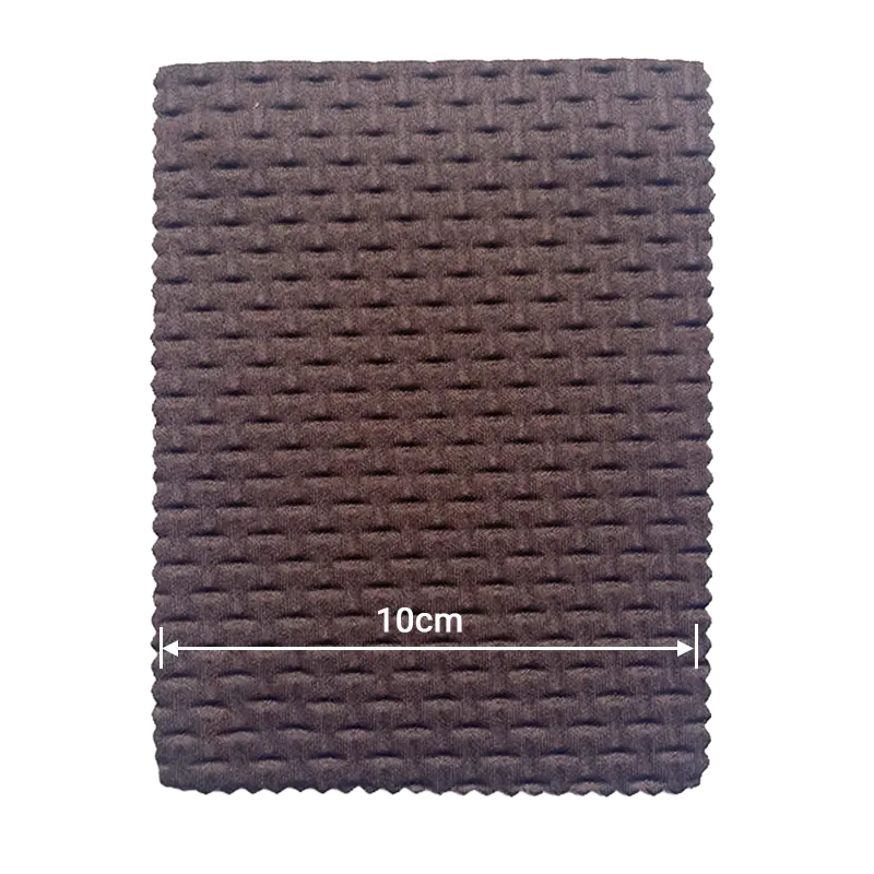 Brown mesh textured embossed neoprene fabric with 10cm scale for manufacturing-scale production.