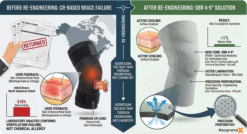 Comparative case study: We reduced an 18% return rate for a medical brace client by re-engineering from solid CR to perforated SBR 4-9° for active airflow and heat management.