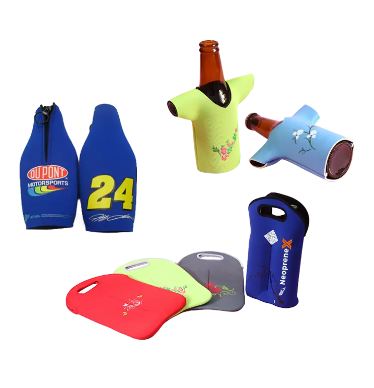 Variety of colorful neoprene bottle sleeves demonstrating the 300+ stock colors available for immediate lamination in the NeopreneX polyester series.