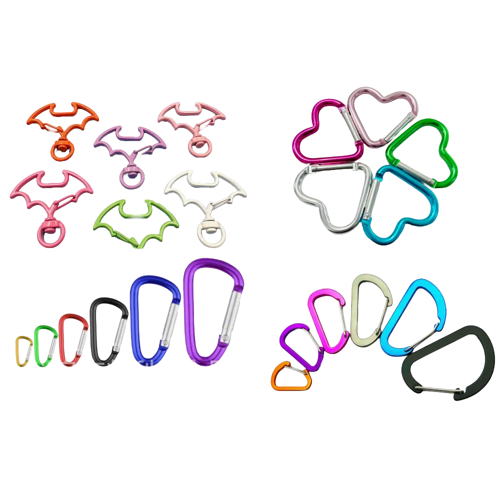 Heart and bat-shaped colorful carabiners for promotional neoprene bags.