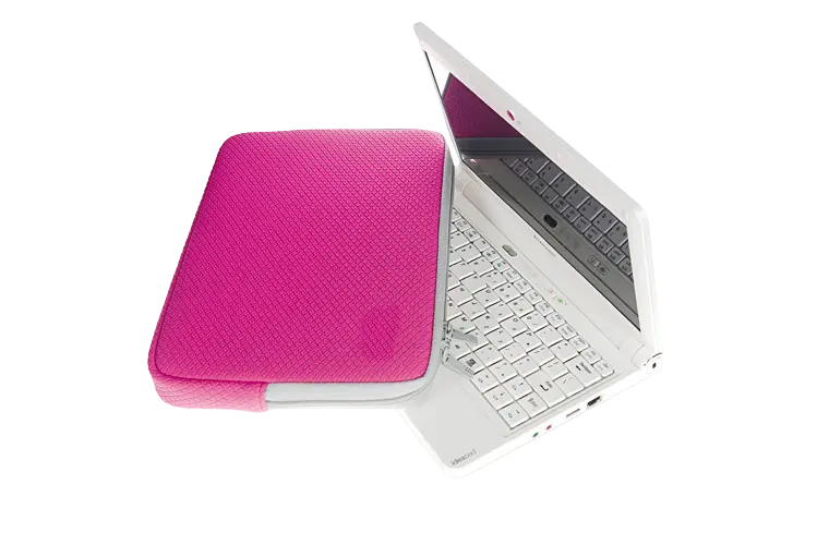 A premium magenta laptop sleeve made from embossed neoprene fabric with a precision small-diamond pattern, showcasing B2B product engineering and factory-direct textures.