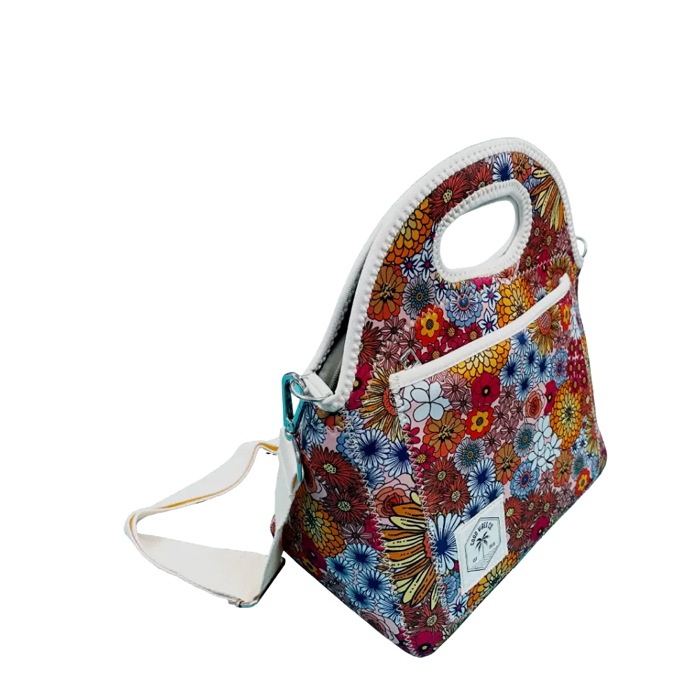 Custom floral print 3mm polyester neoprene lunch bag showcasing high-fidelity heat transfer printing and durable lamination by NeopreneX.