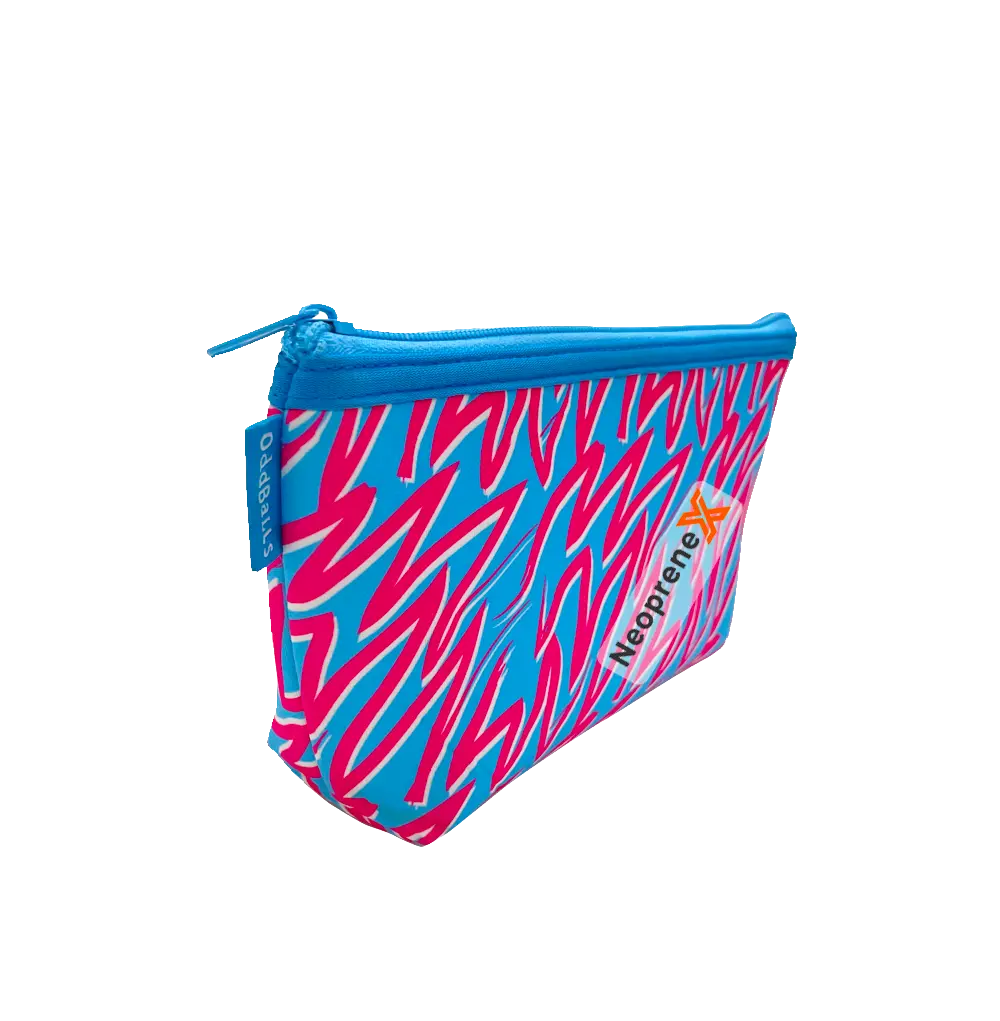 Blue and pink zigzag patterned neoprene makeup bag with a light blue top zipper.