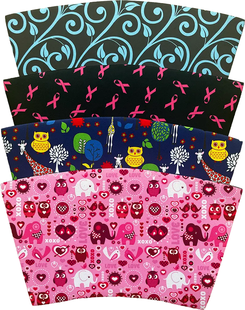 A detailed close-up of a rectangular sublimation Neoprene fabric swatch with a vivid blue base and intricate pink, cyan, and purple abstract print, showcasing high-fidelity custom-printed designs.