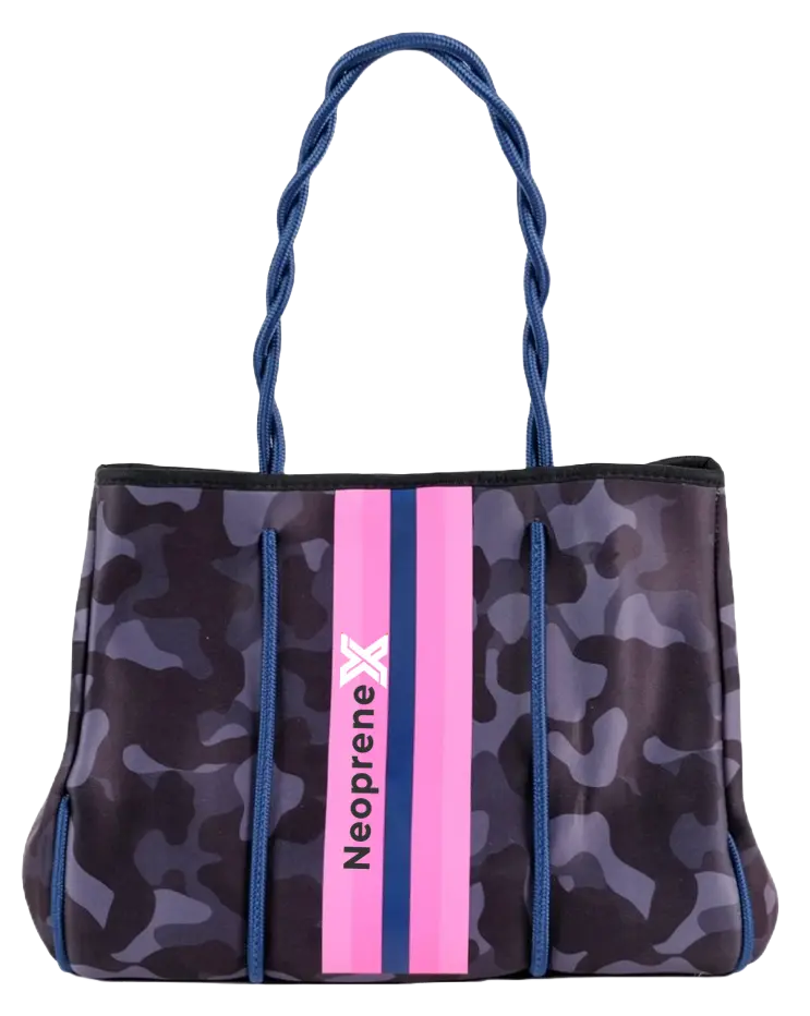Fashion camouflage print beach bag made from durable polyester laminated neoprene fabric, optimized for color fastness and structural stability.