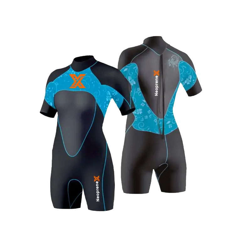 High-performance shorty wetsuit with specialized functional surface coatings for UV protection and enhanced material longevity.