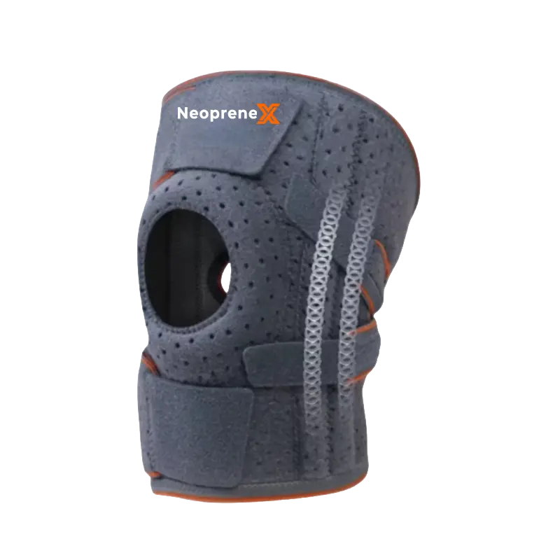 An advanced grey perforated neoprene knee brace with visible airflow holes for professional orthopedic and medical use.