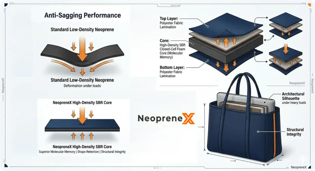 Technical infographic showing Anti-Sagging Performance of NeopreneX High-Density SBR Core compared to standard neoprene, featuring a 3-layer Polyester lamination structure for Neoprene Tote Bags OEM.
