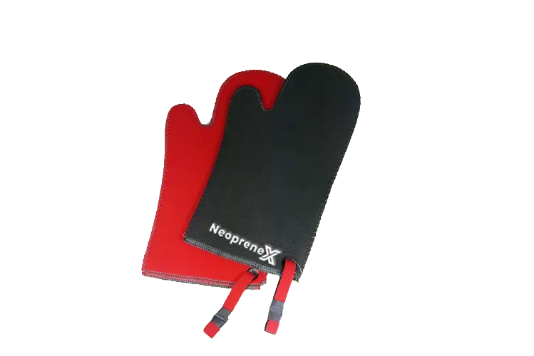 Red and black professional neoprene oven mitts with textured surface for high-temperature kitchen and industrial use.