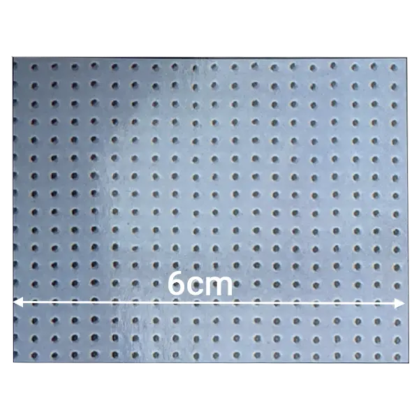 Light blue-grey perforated neoprene with a dense dot matrix for industrial-grade ventilation.