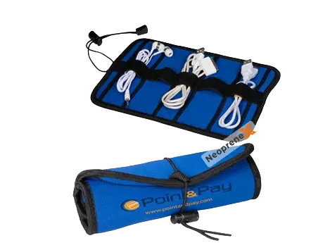A compact blue NeopreneX neoprene cable organizer roll and a rolled-up pouch, demonstrating neoprene's elasticity neatly storing multiple wires and peripherals for mobile offices.