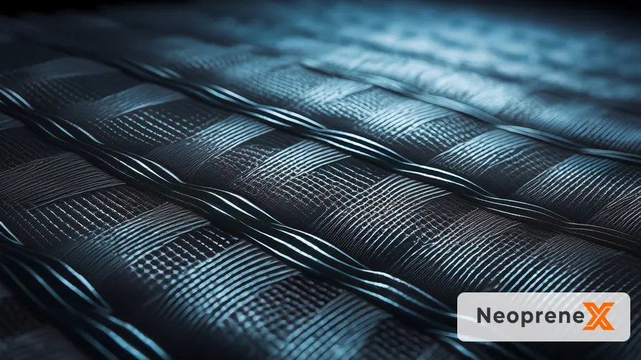 Macro photography of a high-performance black neoprene composite protective matrix, featuring a complex technical weave designed for structural integrity and engineering durability in tactical and medical gear.