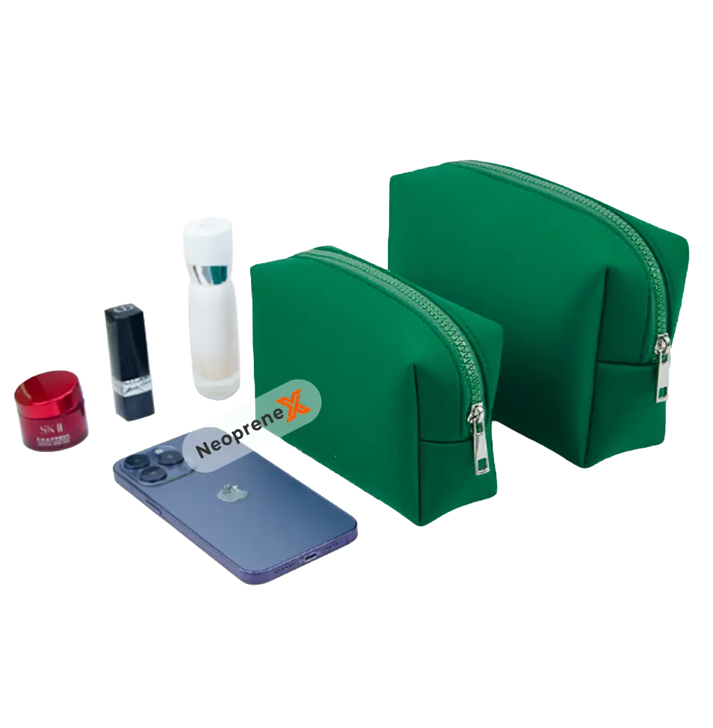 Two green neoprene cosmetic bags in small and large sizes showing sleek water-resistant design.