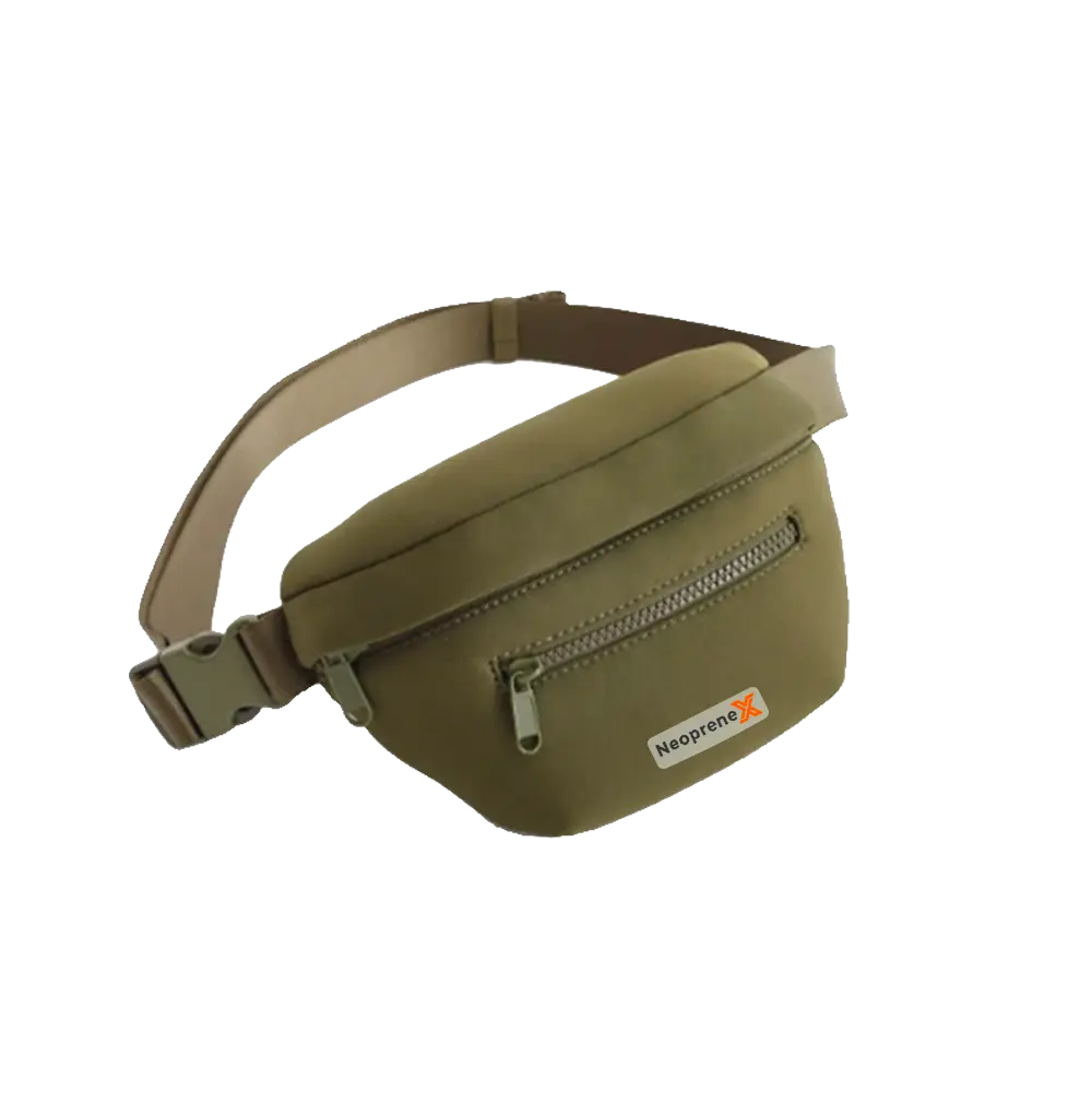 Khaki neoprene crossbody bag featuring an adjustable strap and durable plastic hardware.