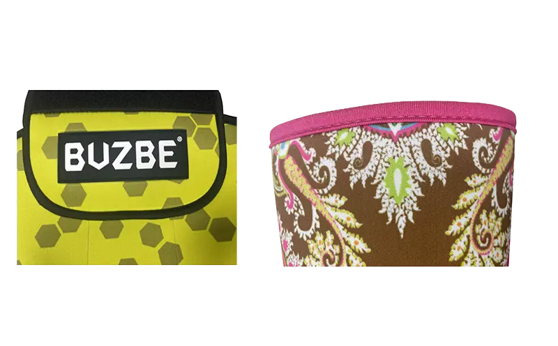 Two neoprene samples: one yellow with a BUZBE logo patch and one paisley sublimation print with pink edge binding.