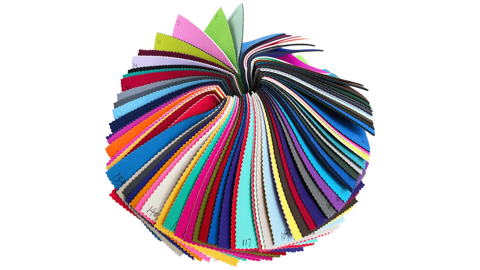 A colorful collection of neoprene fabric samples including Professional Nylon, Eco-Polyester, and Lycra in over 100 stock colors.