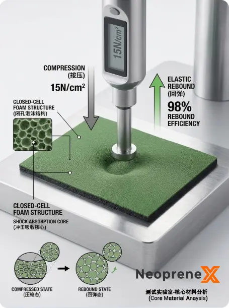 A technical laboratory test showing the $15\text{N/cm}^2$ compression and 98% elastic rebound efficiency of NeopreneX closed-cell foam structure.