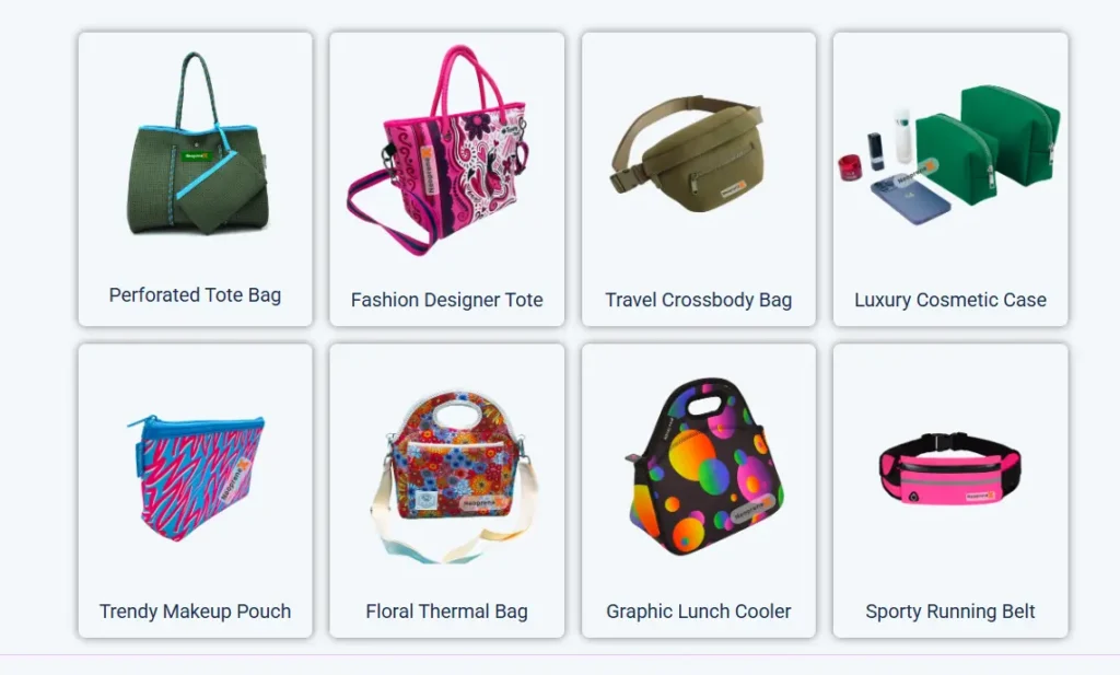 A collection of 8 custom neoprene bags including perforated totes, fashion designer handbags, floral lunch bags, cosmetic cases, and running belts by NeopreneX.