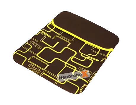 A minimalist deep brown and yellow NeopreneX inner laptop bag case, showcasing the 'Second Skin' ultra-slim fit design made with flexible neoprene fabric, perfect for internal protection within larger travel gear.