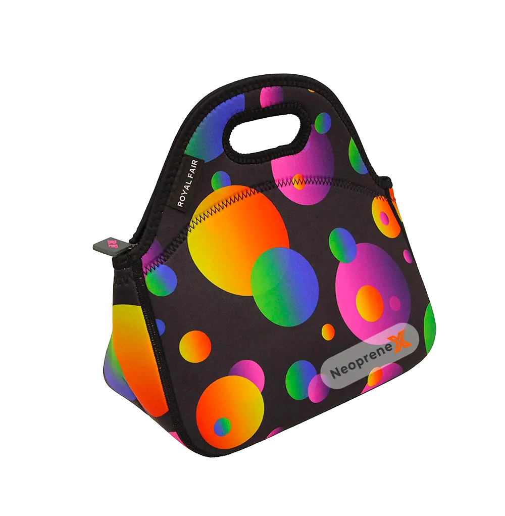 Black neoprene lunch bag with a colorful bubble dot pattern and ergonomic top handle.