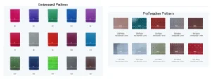 NeopreneX comprehensive catalog of free-use textured neoprene patterns. Top section shows 15 embossed patterns (2#-16#) in various colors; bottom section shows 10 perforation patterns (03# to 28#) with precise hole diameters from 1.0mm to 3.2mm. All standard patterns available for zero tooling fees on custom products.