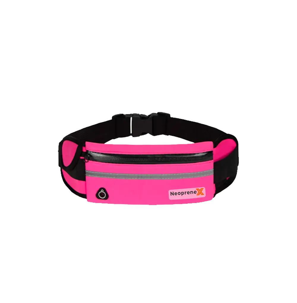 Bright pink neoprene running bag with a reflective safety strip and black quick-release buckle.