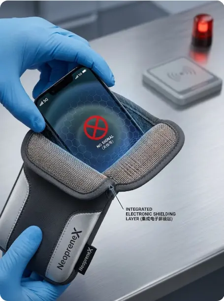 A technical demonstration of a smartphone being placed into a NeopreneX pouch with an integrated electronic shielding layer, showing a 'NO SIGNAL' status to confirm RFID, WiFi, and GPS blocking.