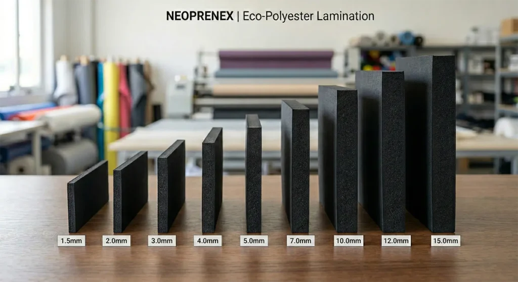 A side-by-side comparison of neoprene sheets in various thicknesses ranging from 1.5mm to 15.0mm, showing the material density and lamination quality for NeopreneX Eco-Polyester series.