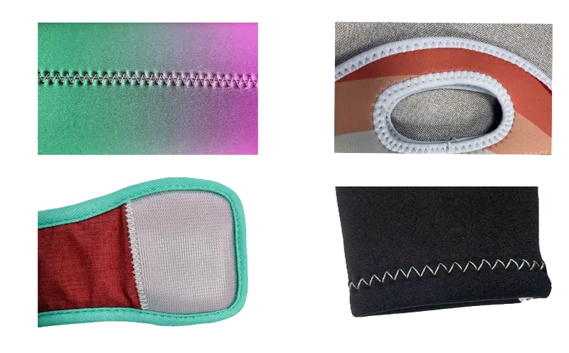Four quadrants showing diverse zig-zag stitching applications on gradient, printed, and solid-color neoprene fabrics.