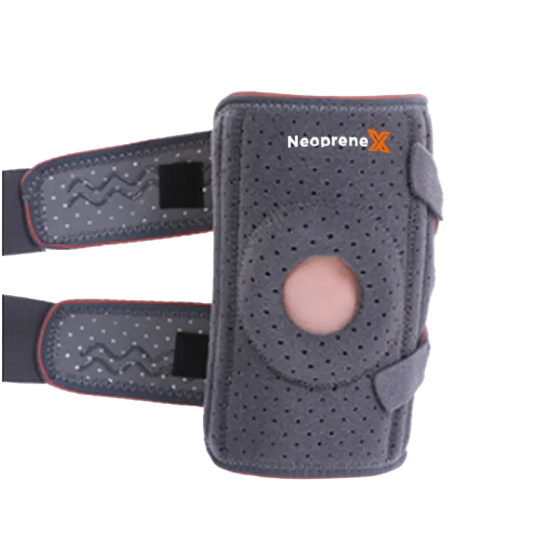 A technical medical brace combining perforated breathable neoprene with anti-slip strap textures for long-term wear comfort.