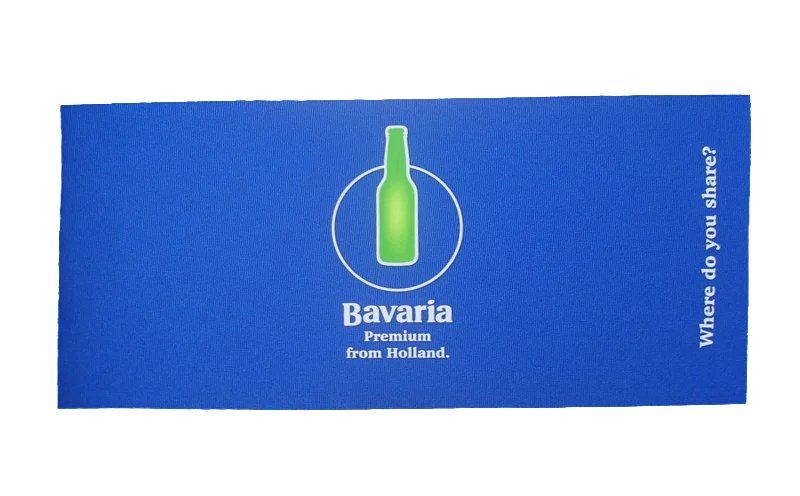 High-precision silk screen printing sample showing a vibrant Bavaria logo on royal blue neoprene fabric with sharp edges and high color fidelity.