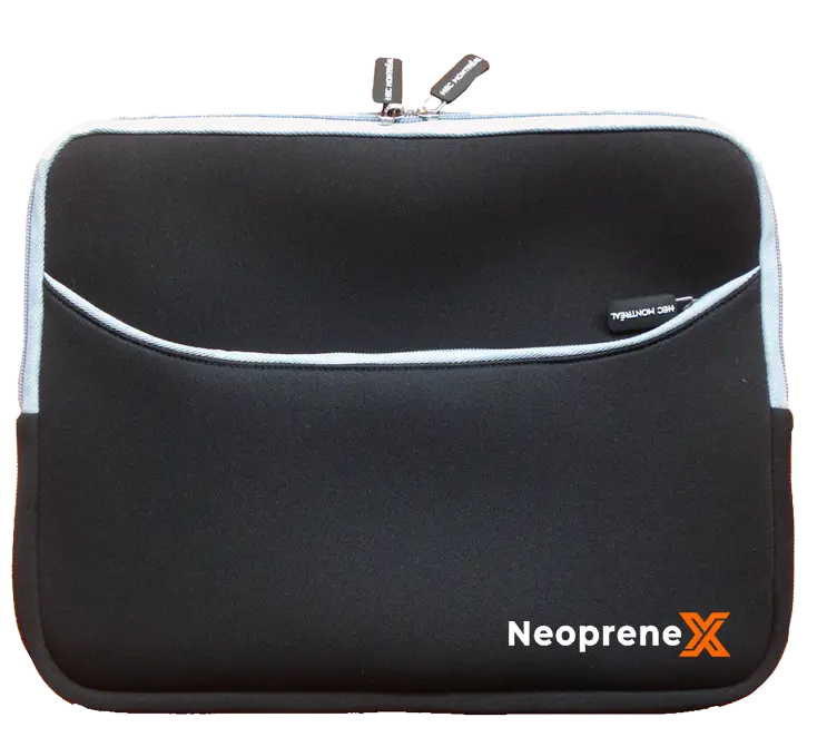 Professional black polyester neoprene laptop sleeve with custom branding, illustrating the sleek finish and 1.5mm to 15.0mm thickness versatility of NeopreneX materials.