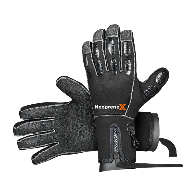 Professional diving gloves with protective functional coatings and silicone grip on neoprene fabric for extreme environments.