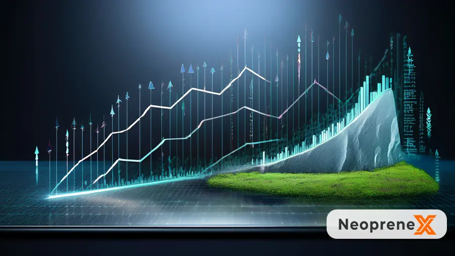 Data visualization of the NeopreneX 92/88 Performance Index: 92% tensile strength retention (ASTM D412) and 88% compression recovery (ASTM D3574) testing for recycled composites.