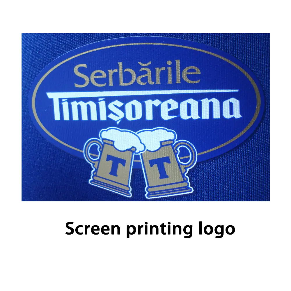 Bold screen printed beer logo on blue neoprene fabric.