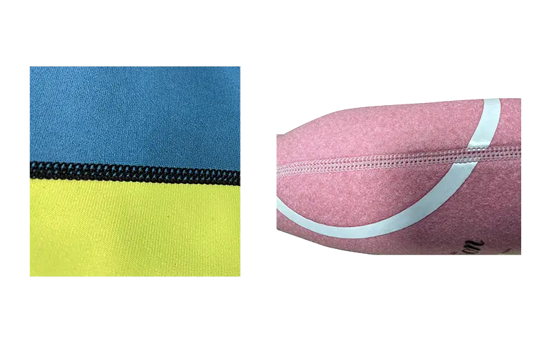 Two quadrants showing high-definition flatlock stitching on blue-yellow solid neoprene and pink sublimation printed fabric.