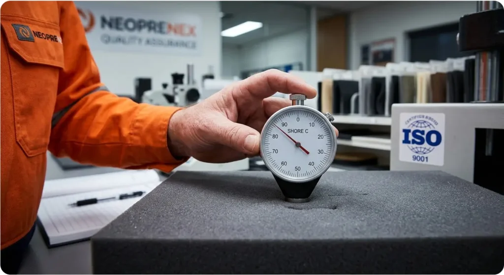 Technician measuring Shore C hardness of NeopreneX SBR 4-9 degree foam for medical braces using a calibrated durometer.