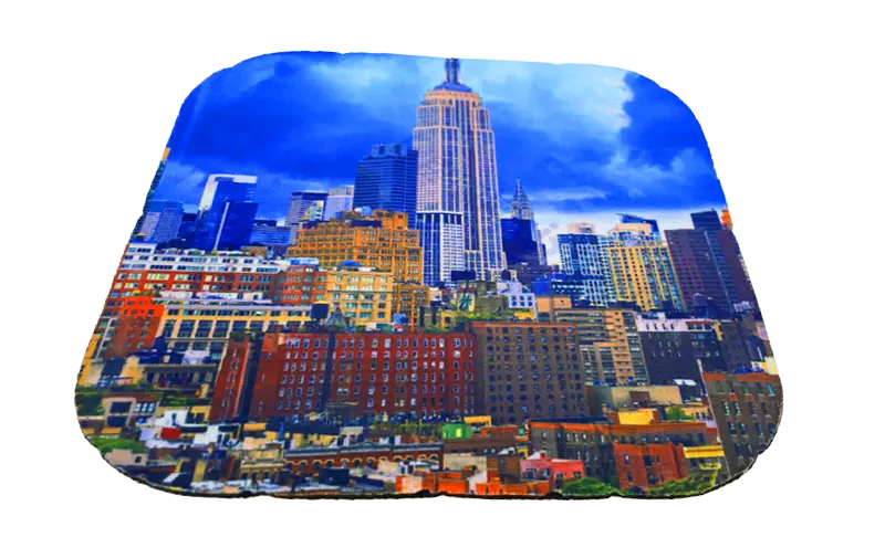 Sublimation transfer sample showing a high-fidelity photographic New York cityscape on a custom neoprene panel.