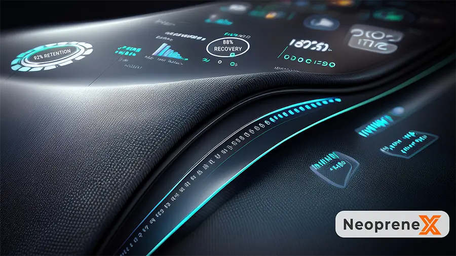 Technical data visualization of recycled neoprene fabric with 92% tensile strength and 88% compression recovery metrics.