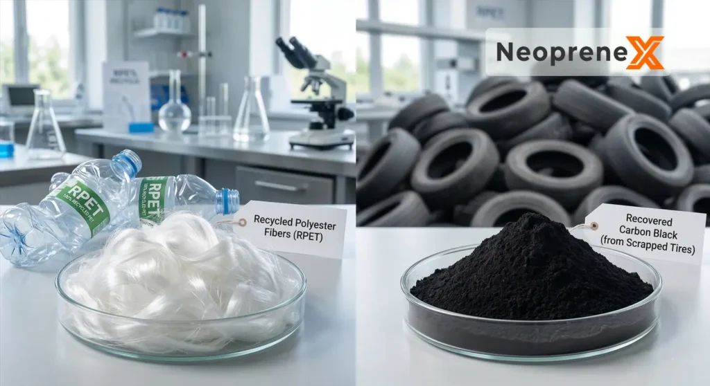 Side-by-side laboratory comparison of circular economy raw materials: white recycled polyester fibers (RPET) from plastic bottles on the left and matte black recovered carbon black (rCB) from scrapped tires on the right.