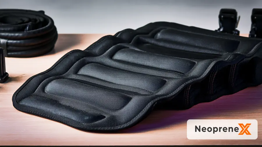 Wide-angle cinematographic photo of a heavy industrial steel test cylinder pressing into a complex, customized black technical NeopreneX composite tactical knee pad, revealing its dense, closed-cell limestone-based SBR core and demonstrating high compression recovery and structural integrity in an R&D lab setting. No text.