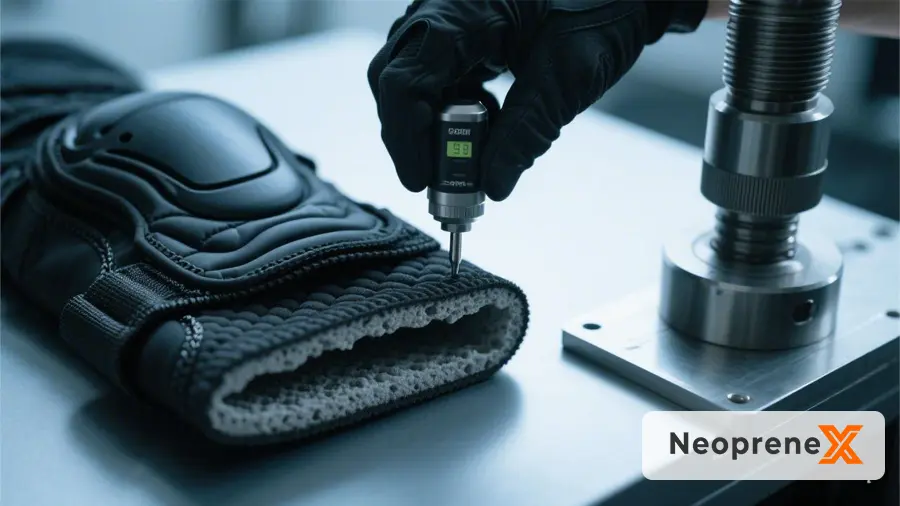 Detailed macro photo of a technical audit: a gloved hand using a digital durometer to measure the SBR 4-9° hardness of a black neoprene tactical knee pad's limestone-based core, while an industrial piston demonstrates high compression recovery on the rugged technical weave surface. No text.